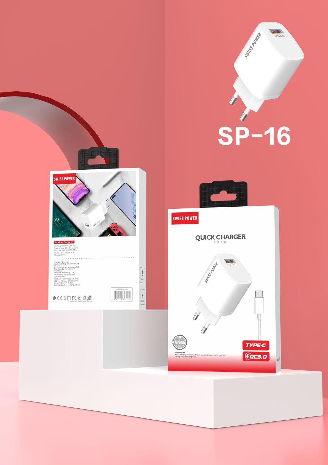 Swiss Power 18W USB-A to Type-C Kablo ve USB-A Şarj Adaptörü Seti  